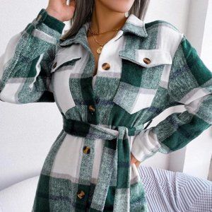 Women Belted Plaid Pattern Button Down "GREEN"